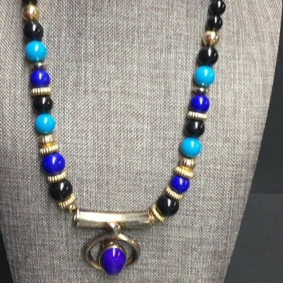 Retro Necklace Gold Slider Pendant Purple Turquoise Blue Black Fluted Round BoHo - Picture 3 of 6